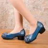 Dress Shoes Chunk Heel Block Pumps Women's Blue Vintage Ladies Slip On Round Toe Woman Comfortable Leather Heeled Mother