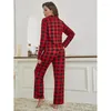 Zestawki sutaków dla kobiet Zestawy Koszuły z długimi rękawami Autumn Red Red Plaid Pijamas Zestaw 2 sztuki na odzież nocną swobodne ubrania domowe