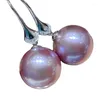 Boucles d'oreilles pendantes charmantes énormes boucles d'oreilles en perles de coquillage violettes des mers du Sud de 16 mm en argent sterling 925 pour femmes