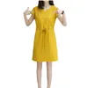 Sommaren ny koreansk version av Long Dress Women's Solid Color Kortärmade A-line kjol Kvinnors lösa smala spetsfickor.
