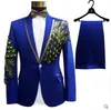 Blazer (giacca + pantaloni + papillon + cintura) abiti moda set sposo matrimonio ballo festa rosso nero blu costumi slim blazer fiore abito formale sho