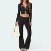 Tweedelige damesbroek Hirigin damesgebreide set Y2K cropped hoodie met lange mouwen, rits en laagbouw flare-legging jogger loungewear