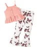 Clothing Sets ZZLBUF Kid Girls Pants Set Sleeveless Ruffled Camisole With Butterfly Print Flare (Pink 6 Years)