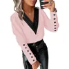 女性のブラウス女性秋の春のシャツvネックボタン装飾長い袖のソフトパッチワークプルオーバーOL通勤スタイルレディートップブラウス