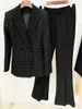 Women's Two Piece Pants High Quality Black 2023 Women's Fashion Slim Set Sexy Polo Neck Long Sleeve Diamond Blazer Bell Street