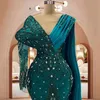 Luxurious Hunter Green Prom Dresses Long Sleeves Lace Crystals Evening Dress Elegant with Wrap Mermaid Sparkling Second Reception Birthday Party Gowns Gala NL036