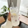 Bicchieri da vino Tazza di vetro Fiore Kawaii con coperchio Cannuccia Tazza da caffè arancione carina Bevande al latte Bicchieri coreani Regalo 600 ml Acqua Succo di tè