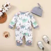 Rompers 0-18 Months Baby Clothes Newborn Boy Romper Long Sleeves Print Jumpsuit with Hat 2PCS Clothing Infant Baby BodysuitL231114