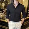 Freizeithemden für Herren, britischer Stil, Stehkragen, formelles Langarmhemd, Herrenbekleidung, Business, Camisas, Slim-Fit-Kleid, Schwarz, Weiß