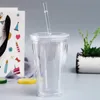 Canecas 6/4 / 2pcs Transparente Garrafa de água de dupla camada Café Leite DIY Smoothie Cup Drinkware Reutilizável Clear Tumbler Cup com tampa de palha 231218