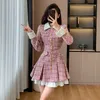 Robes décontractées de base 2023 automne Plaid Patchwork femmes robe petit parfum Tweed simple boutonnage ceintures rose fête femme coréenne robes 231218