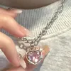 Pendant Necklaces Pink Crystal Heart Necklace Fashion Y2K Kpop Shiny Clavicle Chain For Women Girls Trend Party Jewelry