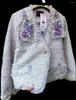 Women's Jackets Luxury Diamonds Beaded 3D Flowers Bright Silk Purple Woolen Tweed Jacket Roses Floral Embroidery Short Coat Pearls Cardigan