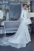 Elegant Mermaid Wedding Dress Soft Satin O-Neck Buttons Back Bridal Gown Simple White Long Sleeves Vestido de Novia 2024 Sweep Train