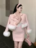 ワークドレス高品質の厚い温かい暖かい冬の女性2ピースセット韓国ファッション甘いぬいぐるみ短いジャケットコートスカート2セット
