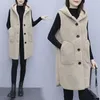 Damesvesten Lamswollen vest met capuchon Dameskleding Herfst Winter Losse mouwloze zak met enkele rij knopen Chaleco Mujer Casual gilet 231218