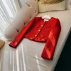 2024 Sprężyna czerwona stała Kolor Tweed Kurtka Długie rękaw okrągły szyja podwójne kieszenie na pojedyncze kurtki z Pojedyncza Krótka warstwowa jeździe J3D181301