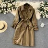 Women's Trench Coats Autumn Coat Fashion PU Leather Jackets Ladies Lapel Neck Long Sleeves Double Breasted Vintage Out Wear Thick