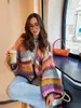 Yeni Tasarımcı Kadınlar Düğüm Kadın Pembe Çizgili Tığ işi Ön Açık Sweaters Kadınlar Uzun Fener Kılı
