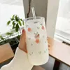 Bicchieri da vino Tazza di vetro Fiore Kawaii con coperchio Cannuccia Tazza da caffè arancione carina Bevande al latte Bicchieri coreani Regalo 600 ml Acqua Succo di tè