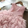 Abiti da ragazza Ragazza carina Abito con fiocco di fiori rosa per il compleanno Kid Estate Nuovi vestiti in tulle senza maniche Ragazza per bambini Festa di nozze Costume da principessa