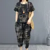 Women's Two Piece Pants 2 Pcs/Set Trendy Women Top Trousers Set Geometric Print Soft Summer T-shirt Cropped