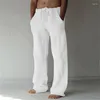 Calças masculinas casuais de algodão linho cor sólida uso diário solto calças macias com cordão moletom masculino perna larga