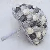 結婚式の花豪華なシルバークリスタルダイヤモンドブーケグレーサテンローズハンドフラワージュエリーとリボン