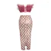 Casual Dresses Pink Color Women Sexy Shinning Sequines Feathers 2 Pieces Bodycon Long Dress Celebrate Cute Girls Birthday Party Outfit