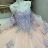 Abito Quinceanera rosa lucido Applique in pizzo Paillettes Bordare Fiore Messicano Al largo della spalla Dolce 16 Abiti XV 15 Anos