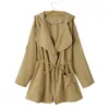 Women's Trench Coats Autumn Solid Long Sleeve Drawstring Pocket Hooded Lightweight Windbreaker