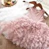 Abiti da ragazza Ragazza carina Abito con fiocco di fiori rosa per il compleanno Kid Estate Nuovi vestiti in tulle senza maniche Ragazza per bambini Festa di nozze Costume da principessa