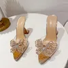 Slippers 2023 Women Summer High Heels Sexy Street Woman Crystal Bowknot Pointed Toe Dress Shoes PVC Transparent Sandals