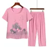 Women's Two Piece Pants Sets Women Outifits Short Sleeve Top Set Long Flower Print Grandma Mid-aged Summer