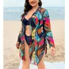 Roupa de banho feminina 2024 plus size topos solto impressão chiffon coverups praia nadar biquíni quimono cardigan maiô cobrir ups blusa