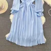Casual Dresses Elegant French Spring Autumn Blue Chiffon Dress For Women Lace Up O Neck Pleated Flare Sleeve High Waist Party Midi Clothes