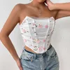 Women's Tanks Corset With Cups Mesh Sheer Bustier Pleated 3D Floral Fishbone Crop Top Off Shoulder Slim Sexy Ladies Party Club Tube Mujer
