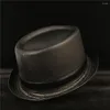 Кожаные мужские береты, шляпа с черным свиным пирогом, шляпа Fedora для папы, модная джентльменская шляпа на плоской подошве в стиле джаз, размер S, M, L, XL