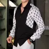 Erkekler sıradan gömlekler moda siyah beyaz renk kontrast mektubu baskı gömlek erkekler sonbahar camisa maskulina smokin gece kulübü