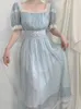 Jurken Woherb Fairy Party Dress Women 2022 Zomer Vintage Blue Lace Meash Princess -jurk Kawaii Lolita Elegant Casual One Piece Vestido