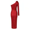 Casual Dresses Fashion Red Long Sleeve Sequins Women Dress Sexy One Shoulder 2023 Clothing Club Party Midi Bodycon