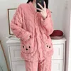Kvinnors sömnkläder söta kvinnor pyjamas set vinter fleece 2 bit byxficka hemdräkt fluffig piiama varm knapp mode natt slitage 2023
