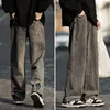 Men's Jeans Men Wide Leg Cartoon Floral Embroidery Pattern Denim Pants Elastic Mid Waist Pockets Straight Full Length Long Trouser