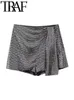 Skirts TRAF Y2K Asymmetric Shiny Sequin Shorts Zipper Skorts Female High Waisted Short Pants Club 2023 Autumn 231218