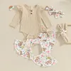 Set di abbigliamento Neonata Neonata Completo per il giorno di Pasqua Set di pantaloni e pagliaccetti Body a costine a maniche lunghe Stampa svasata Fascia per capelli