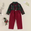 Rompers 2023 10 20 LIORITIIN 1 7y Kids Boys Christmas Outfit Plaid Bowtie Lapel Button Down Shirts Topps Solid Suspender Pant 2st 231218