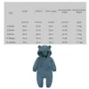 Rompers 2023 Newborn Baby Winter Warm Romper Solid Pocket Hooded Bear Thick Clothes 0-24M Infant Korean Boy Girl Outfits BodysuitL231114