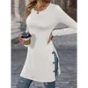 Casual Dresses Vintage Autumn Clothes Solid Color Long Sleeve Crew Neck Patchwork Button SLIT SLIM HIGH MISTED PUCKOVER MINI DRESS
