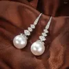 Boucles d'oreilles pendantes élégantes, couleur argent, Imitation de perles, goutte d'eau pour femmes, mode, Zircon scintillant, bijoux de fête de mariage, cadeaux fantaisie