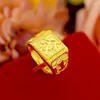 Cluster Rings 14K Yellow Gold Color For Men Resizable Lucky Chinese Characters Fine Jewelry Vintage Soild Mens